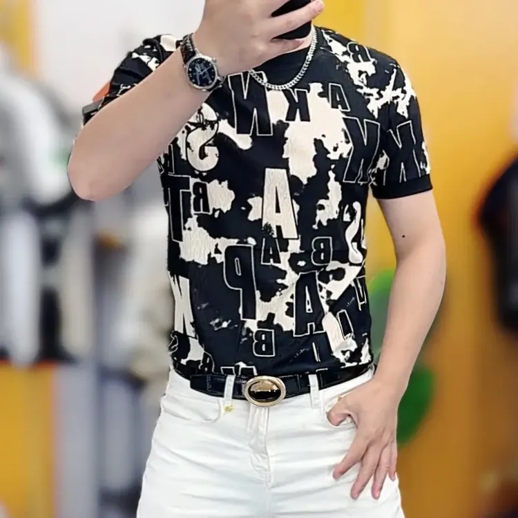 欧货2025夏季新款时尚短袖T恤男士百搭爆款冰丝修身印花潮流体恤