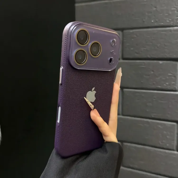 暗紫荔枝皮纹17promax手机壳iPhone16新款15小众14硬壳PM适用