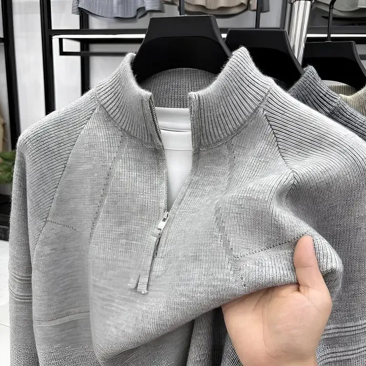 【重磅羊毛衫】冬季加厚半高领拉链毛衣提花针织保暖抗风休闲毛衣男
