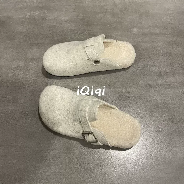 秋冬季新款爆火百搭勃肯鞋加绒保暖拖鞋女包头毛毡绒面一脚蹬女