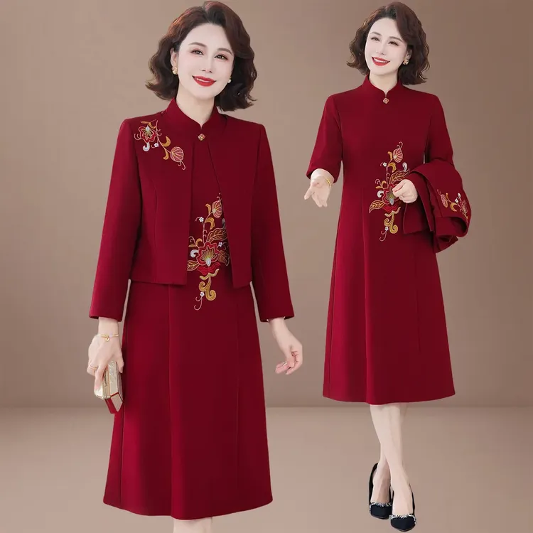 2025新款喜婆婆婚宴装年轻妈妈结婚礼服套装高级感连衣裙真两件套