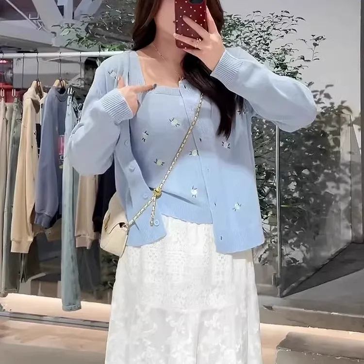大码套装针织开衫吊带背心两件套女胖mm巨显瘦减龄春季穿搭一整套