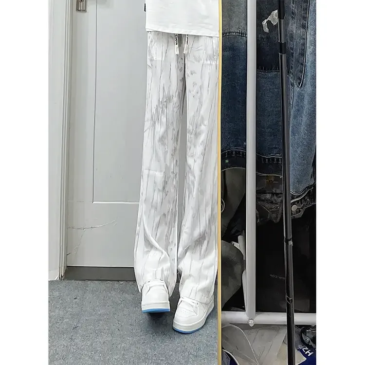 白色扎染薄款冰丝裤子男夏季垂坠感微喇显瘦休闲裤垂顺阔腿直筒裤