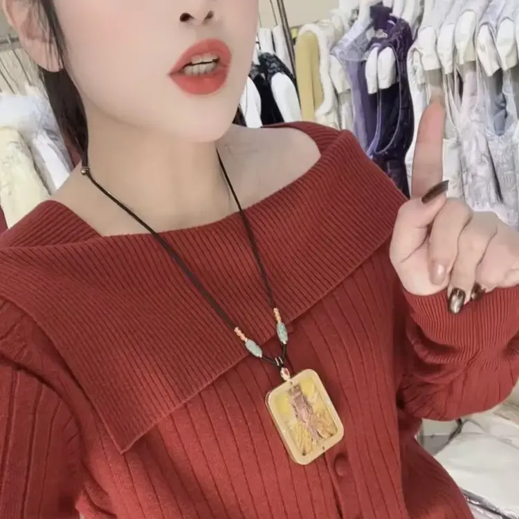 秋冬新款针织长袖一字肩修身显瘦打底上衣