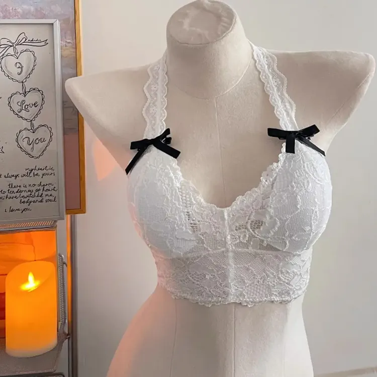 蕾丝挂脖内衣小胸聚拢白色美背露背吊带大胸显小纯欲性感2025新款