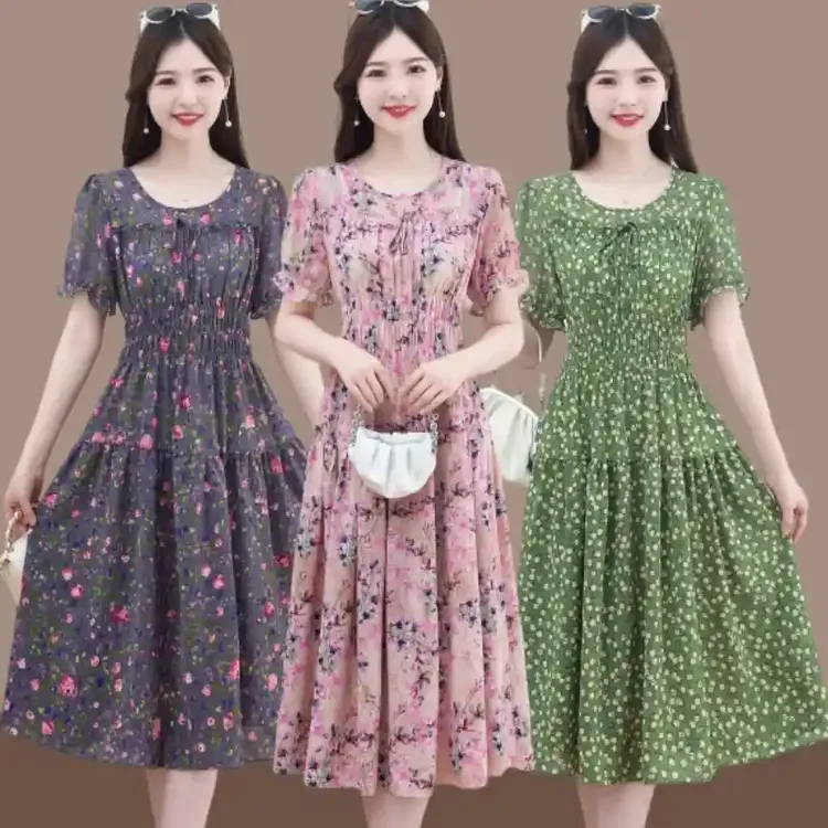 网红短袖雪纺碎花连衣裙女夏季2025新款圆领收腰气质显瘦字裙子