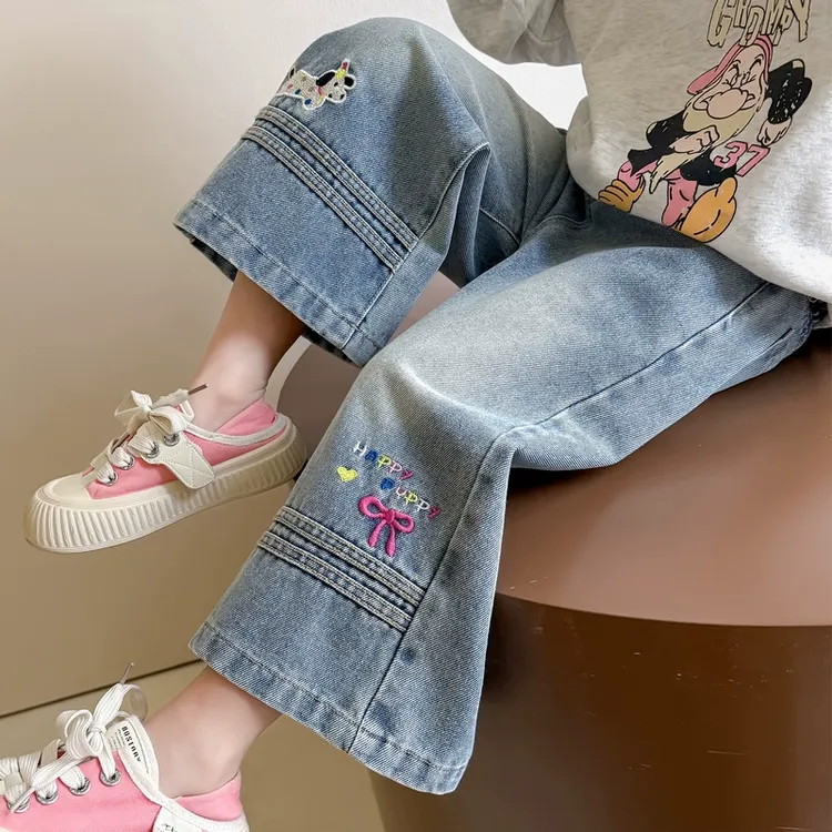 女童牛仔裤2025春秋新款宝宝阔腿裤女孩直筒裤休闲韩版百搭长裤潮