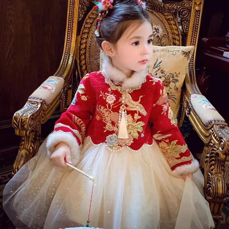 汉服儿童小女孩宝宝裙子拜年服冬款公主裙古装秋冬洋气冬装加绒
