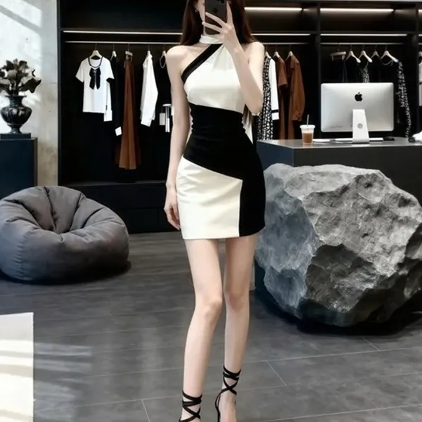 静奢气质纯欲风氛围感黑白撞色无袖露肩修身收腰性感包臀连衣裙