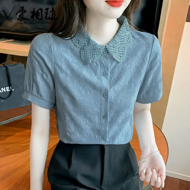 夏装2025年新款时尚减龄女士衬衣棉衬衫女洋气棉提花短袖上衣