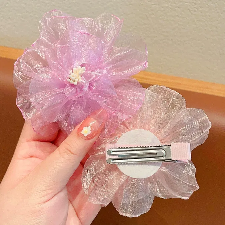 新款少女边夹白月光小众韩风舞蹈女款海棠花感女童发夹欧根纱