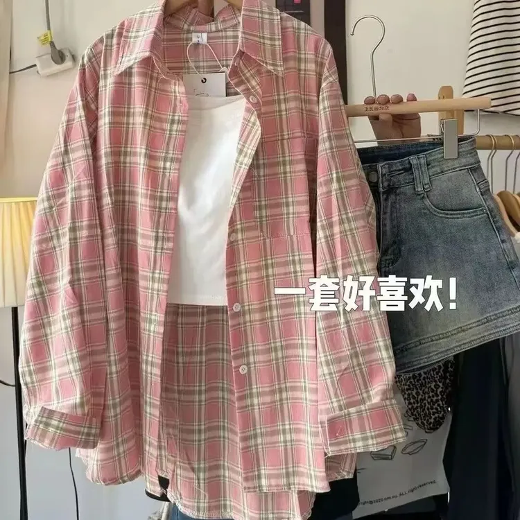 美式格子宽松衬衫春夏季新款慵懒休闲宽松中长款衬衣长