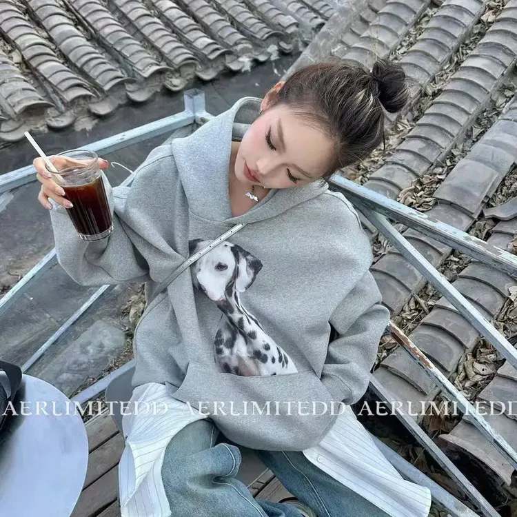 【邓为范丞丞同款斑点狗加绒连帽卫衣】美式复古印花潮流时尚明星