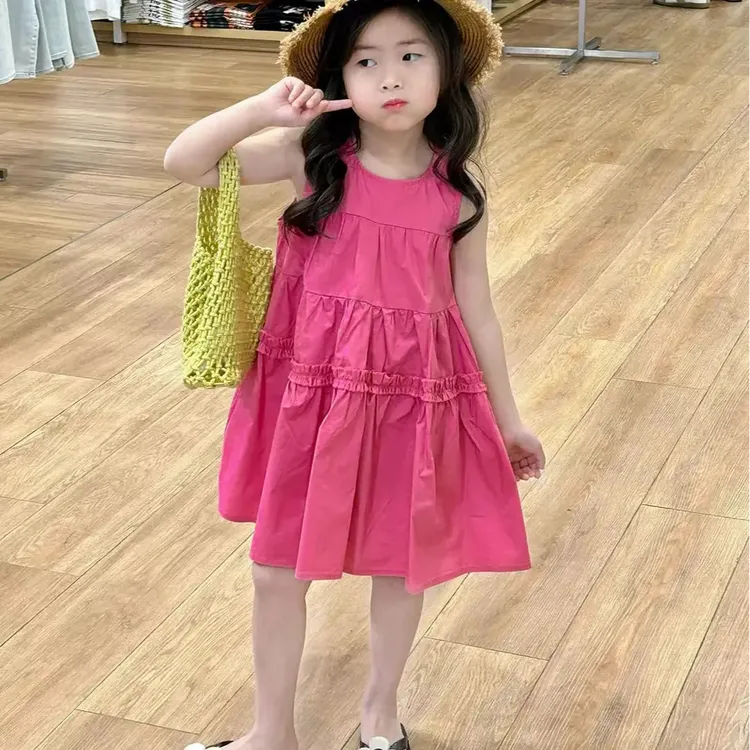 女童可爱连衣裙韩版2025夏季度假休闲连衣裙宝宝纯色无袖洋气裙子