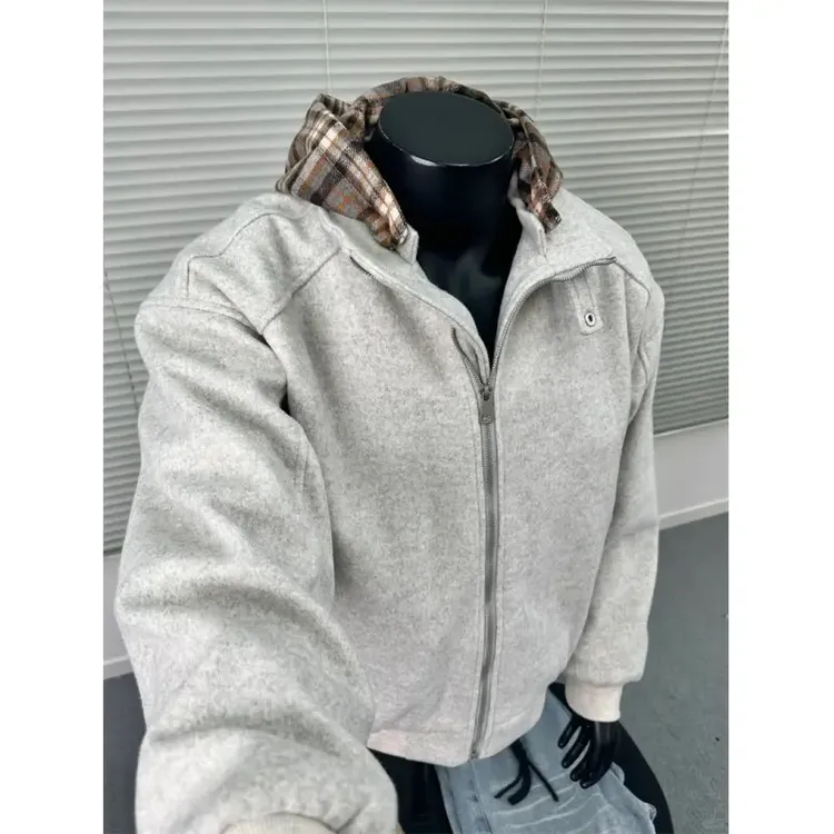 假两件连帽格子棉衣外套男秋冬潮牌痞帅棉服休闲百搭加厚保暖卫衣