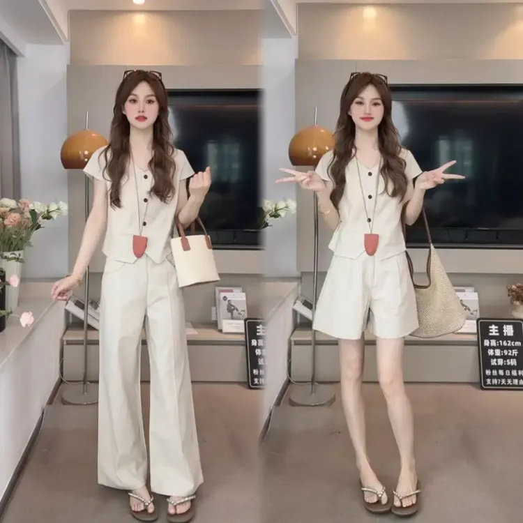 夏装搭配一整套V领马甲短袖上衣显瘦短裤休闲阔腿裤老钱风两件套