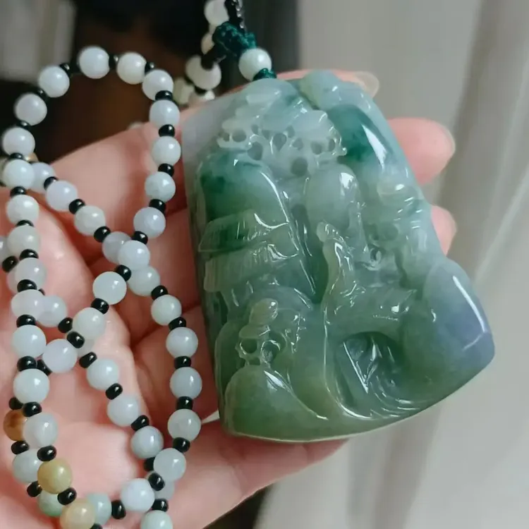 天然A货缅甸翡翠吊坠春彩紫罗兰冰飘蓝花山水牌玉坠手把件