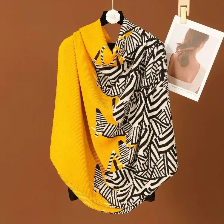 【黄色斑马纹】棉麻压皱质感披肩四季款长款围巾时尚百搭