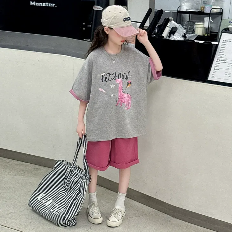 女童夏季短袖套装2025新款女大童夏装时髦t恤儿童洋气运动两件套