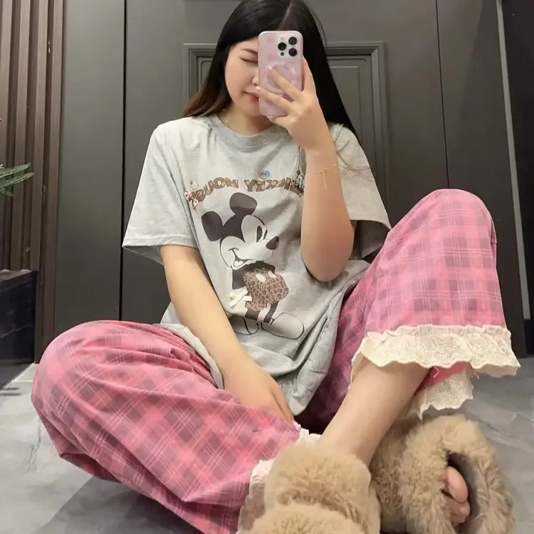 韩版可爱米老鼠印花短袖格子长裤棉质大码睡衣可外穿家居服套装