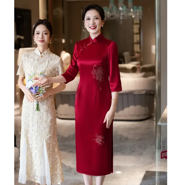 时尚中年高贵结婚衣服妈妈礼服秋季气质年轻喜婆婆婚宴装连衣裙
