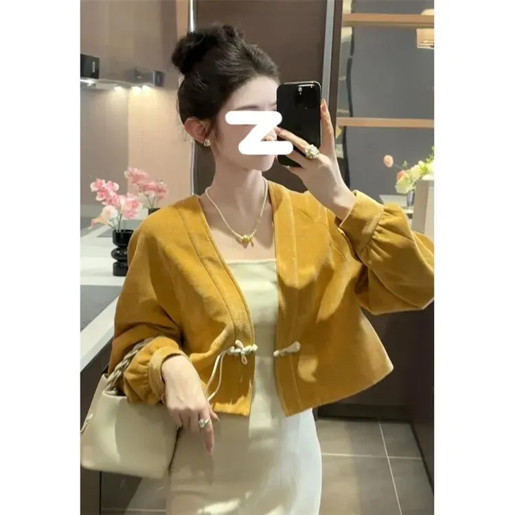 大尺码mm法式覆古设计盘扣长袖外套女秋季新款高腰显瘦两件式洋装