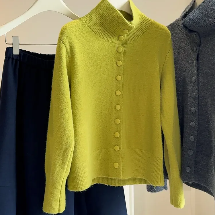 秋冬立领包扣加厚宽松长袖半高领针织毛衣开衫外套女