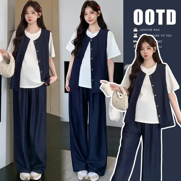 孕妇装夏季新款爆款大码高级感休闲显瘦牛仔马甲上衣阔腿裤三件套