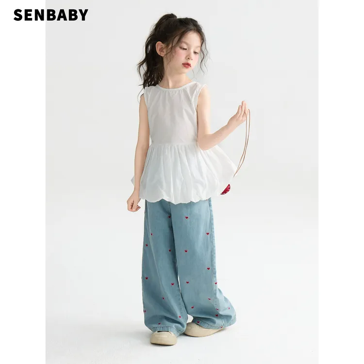 【现货】senbaby童装 女童露背娃娃衫夏新款花边花苞下摆无袖上衣