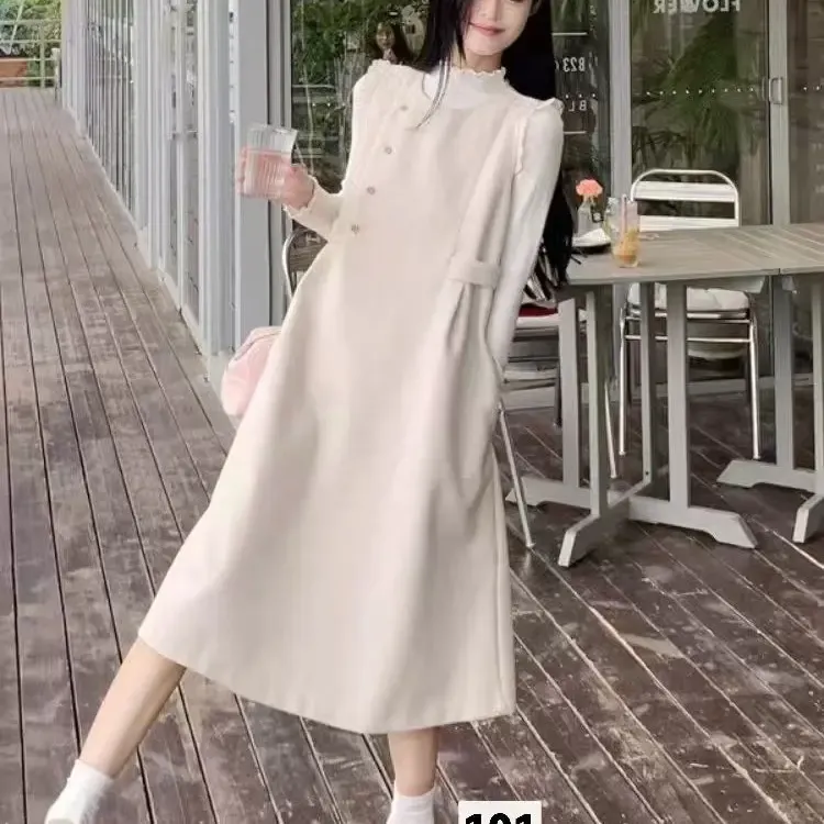 新款101，两件套:针织打底衫+蕾丝拼接毛呢背心裙，燕麦色，兰色，灰