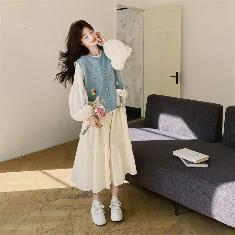 蓝色针织马甲连衣裙套装女春秋叠穿两件套学院风森系减龄温柔风