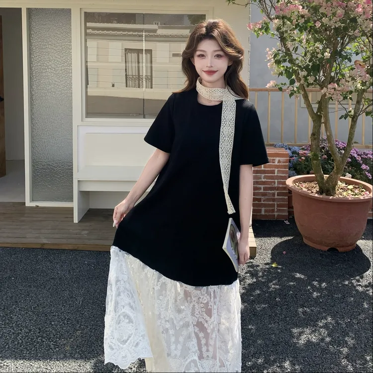 连衣裙女2025夏季新款韩系气质蕾丝拼接赫本风短袖休闲宽松裙子女