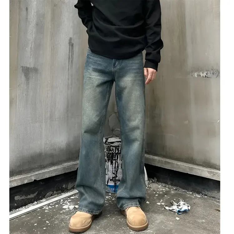 2025秋季新款复古蓝猫须水洗牛仔裤男百搭高级感美式宽松直筒长裤