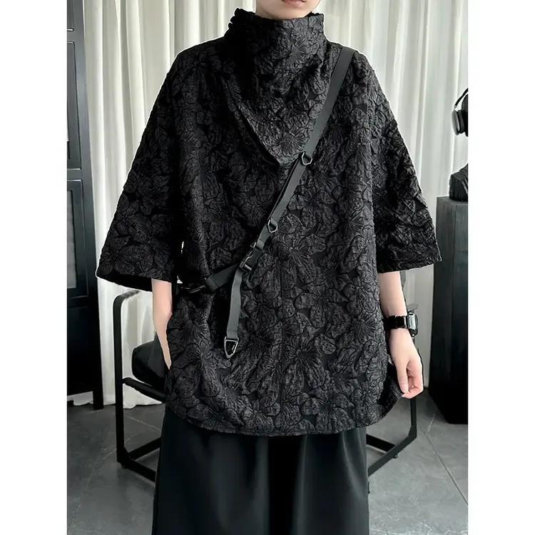 中国风提花高领短袖T恤男夏季设计感小众潮流五分袖潮牌宽松半袖