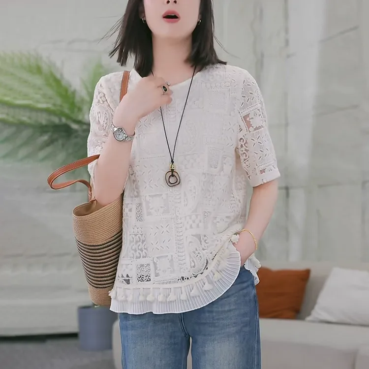蕾丝镂空t恤女夏季2025时尚减龄宽松显瘦刺绣设计感短袖休闲上衣