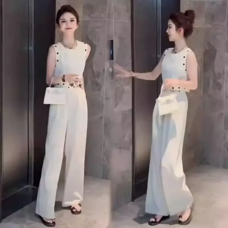 时尚套装女2025夏季新款时髦洋气减龄无袖上衣阔腿裤气质两件套潮