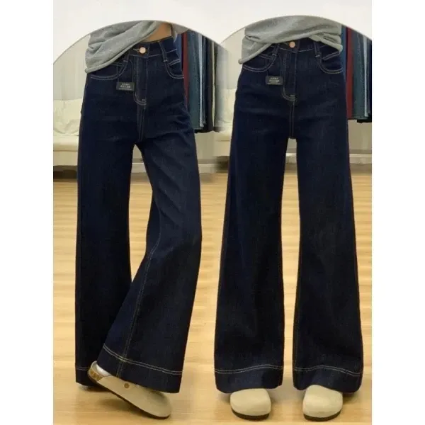 美式复古原牛色微喇阔腿牛仔裤女春季2025新款宽松显瘦百搭直筒裤