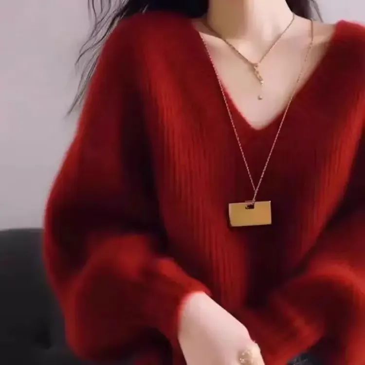 冬季新款韩系小众宽松慵懒时尚高级红针织纯欲慵懒风女装毛衣显瘦