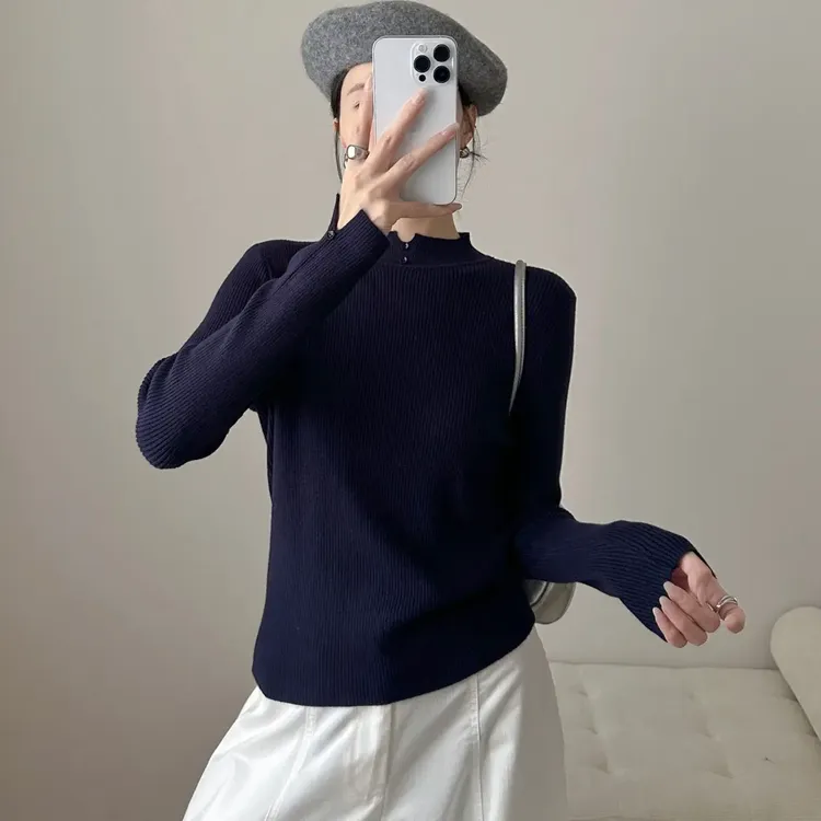 秋冬新款通勤常规款修身休闲风纯色甜美毛针织衫针织常规
