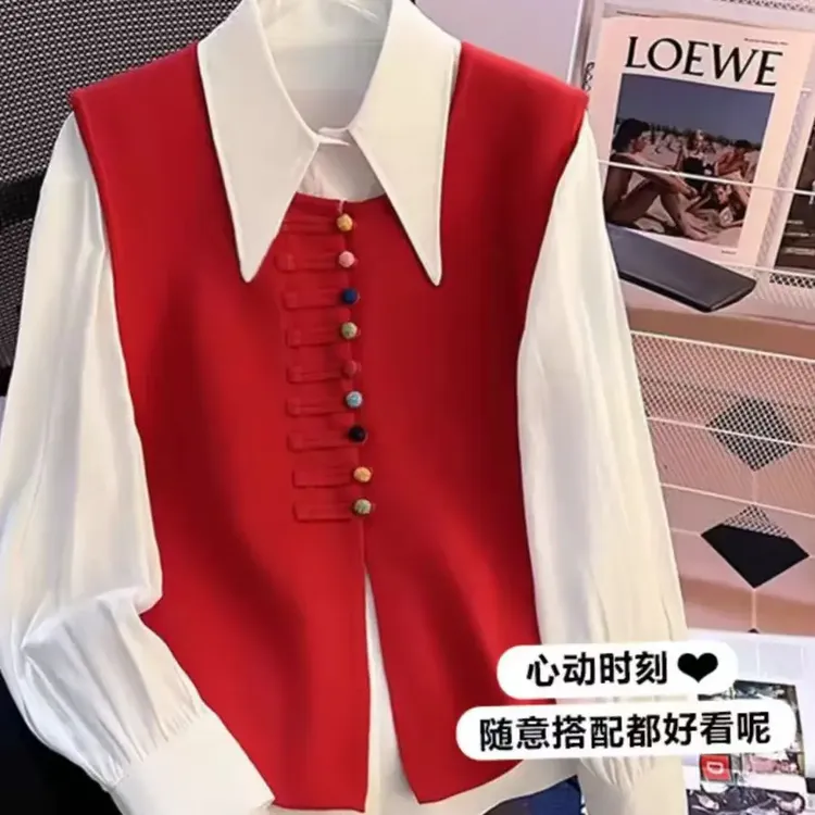 胖胖家*3623新款新中式国风叠穿显瘦马甲衬衫套装