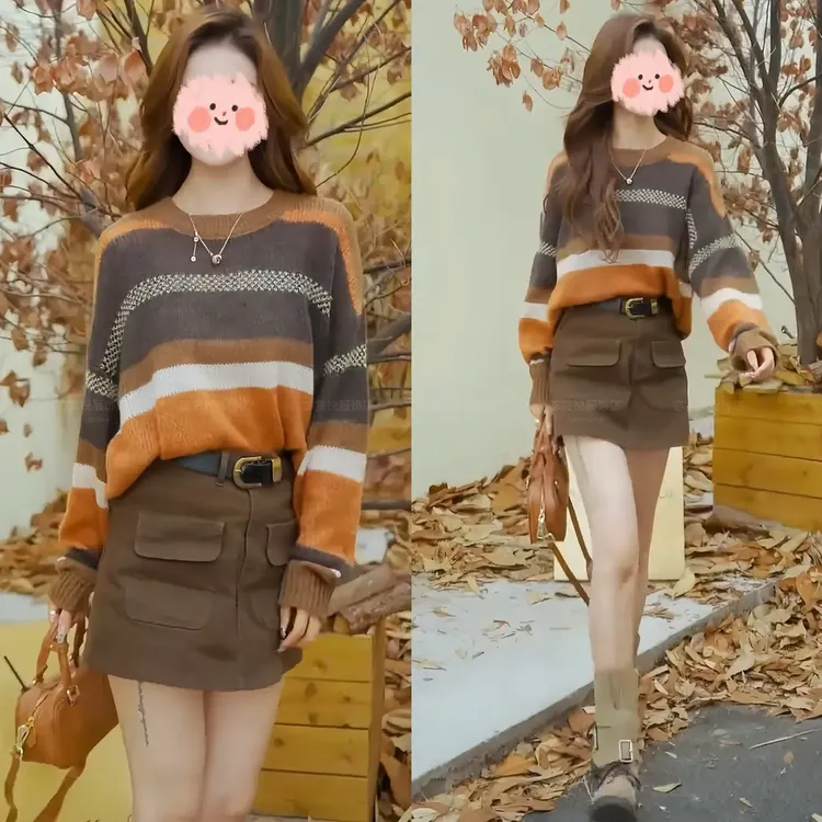 2025秋季时尚复古撞色圆领毛衣上衣针织打底显瘦工装裙裤休闲套装