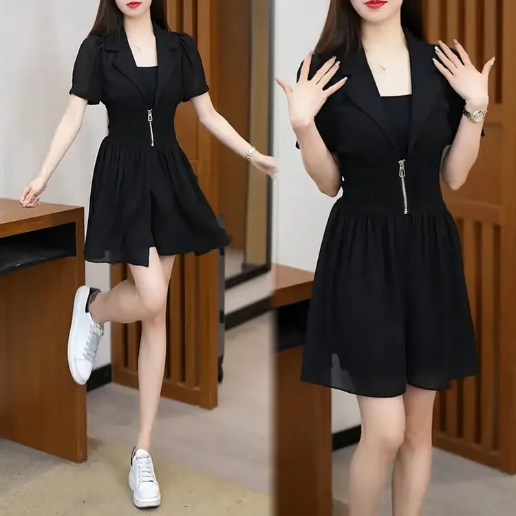 2025夏季新款时尚小个子气质收腰显瘦背心+短裤+连衣裙三件套装女