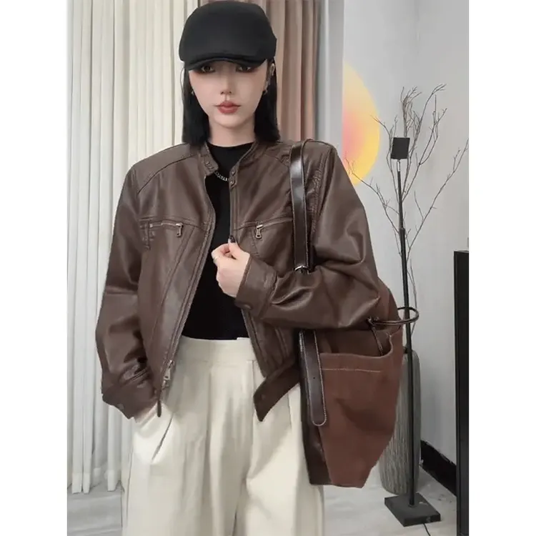 皮衣外套女2025新款爆款美式复古机车皮夹克流行美拉德女装8820