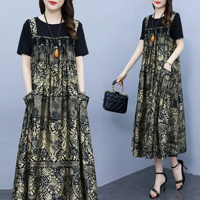 复古印花显瘦短袖连衣裙女2025夏新款胖mm民族风两件套装背带裙子