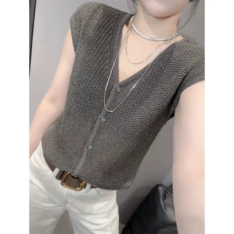 欧货V领镂空正肩短袖针织衫女2024夏季新款小众独特别致开衫上衣