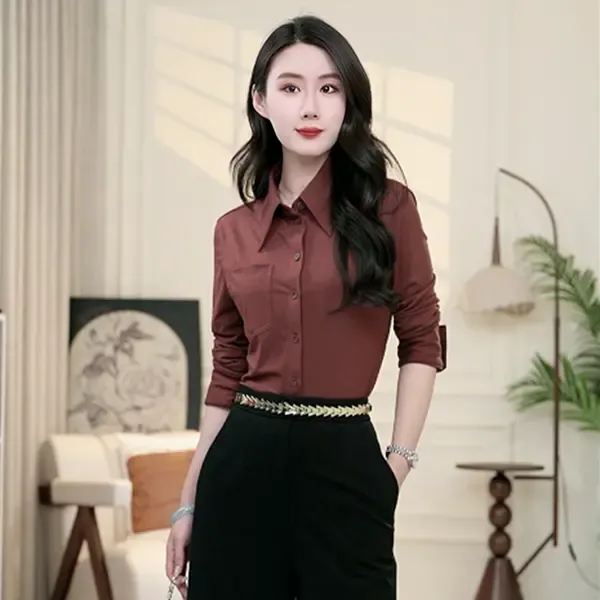 GIRDEAR/哥弟【枫染秋醇】春秋时尚气质纯色翻领长袖衬衫女1301044