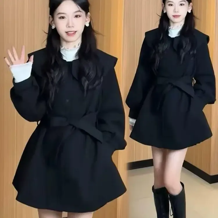 冬季大码女装气质加棉娃娃领外套收腰翻领系带毛呢外套显瘦