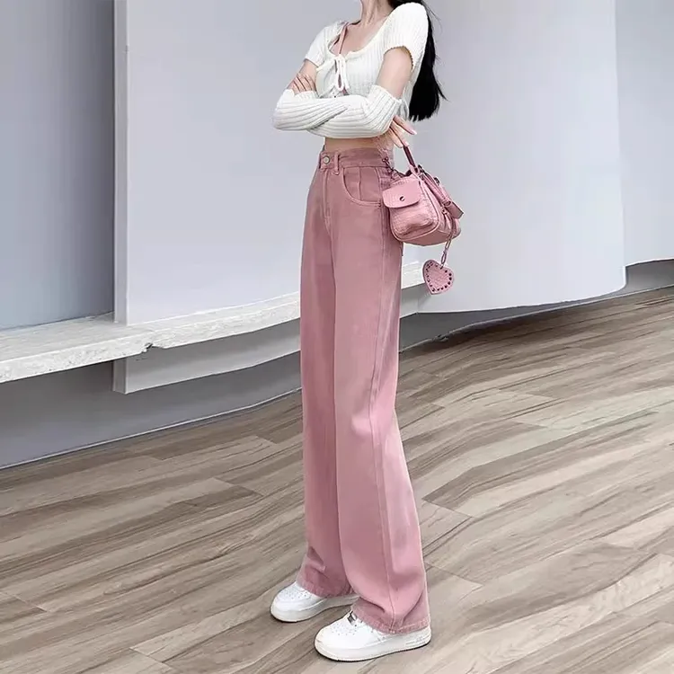 雪千羽脏粉色窄版阔腿直筒牛仔裤女2025春新款小个子今年流行裤子