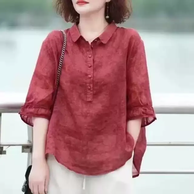 妈妈夏装天丝苎麻T恤洋气上衣新款套装中年女装中袖棉麻衬衫衣服