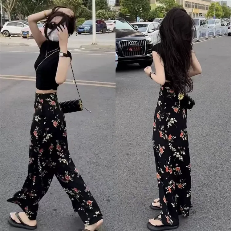 欧洲站2025夏装时尚套装女显瘦短款砍袖上衣高腰碎花阔腿裤两件套